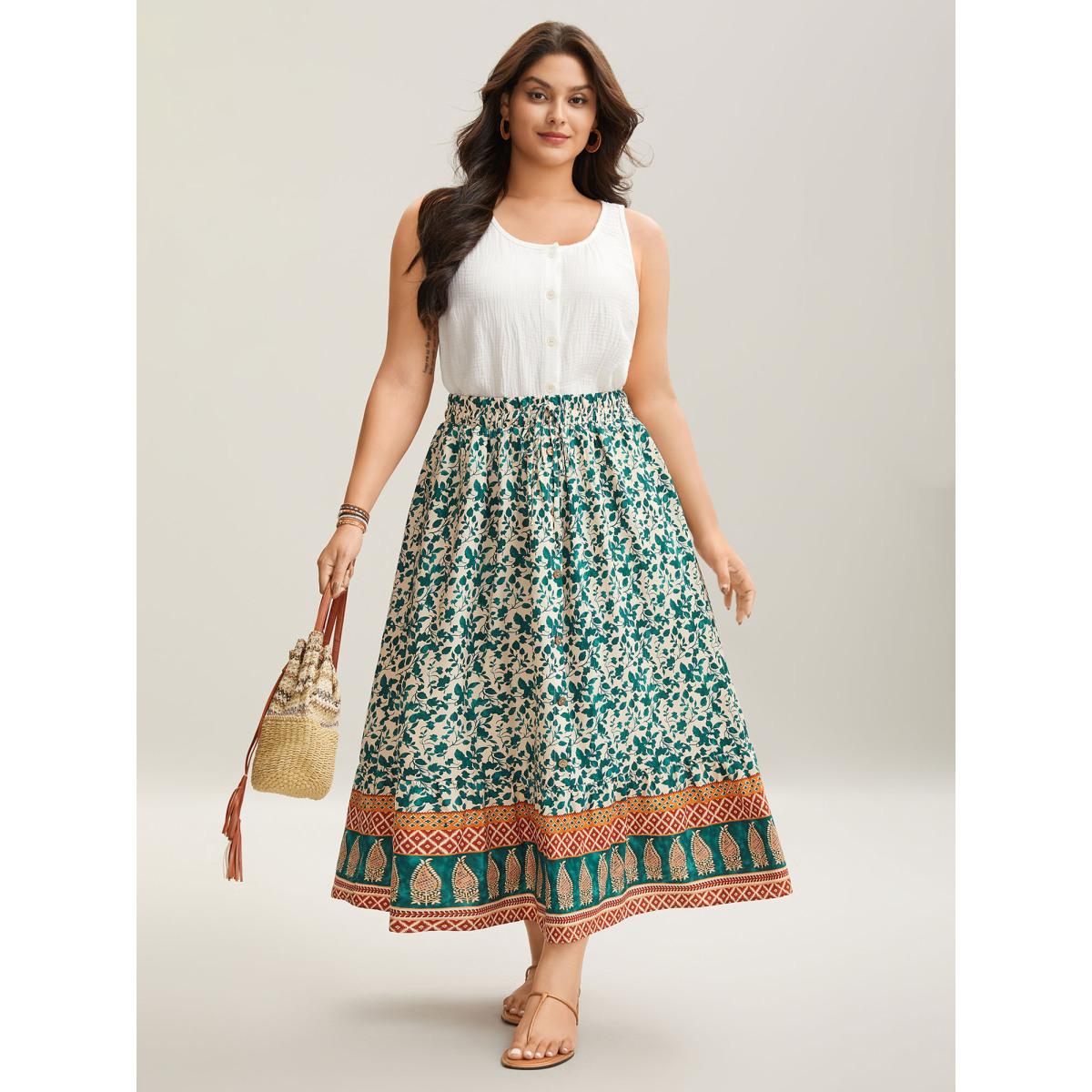 Plus Size Stretchy Waist Boho Print Tied Midi Skirt Women Turquoise Elegant Drawstring Bodycon Low stretch Slanted pocket Everyday Skirts BloomChic 10/M Product Image