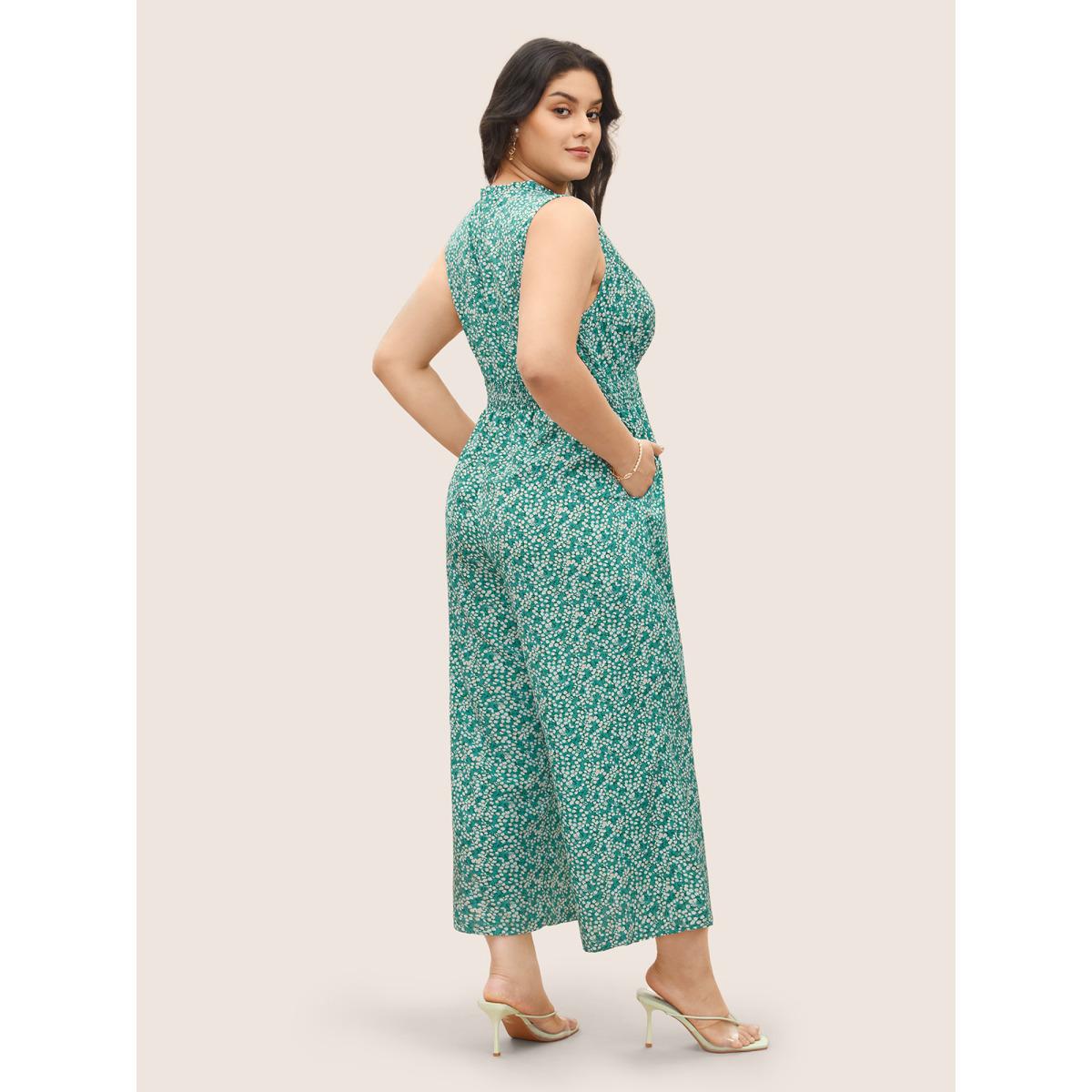 Plus Size Emerald Ditsy Floral Mock Neck Shirred Jumpsuit Women Timeless Sleeveless Mock Neck Elegant Loose Jumpsuits BloomChic 18-20/2X Product Image