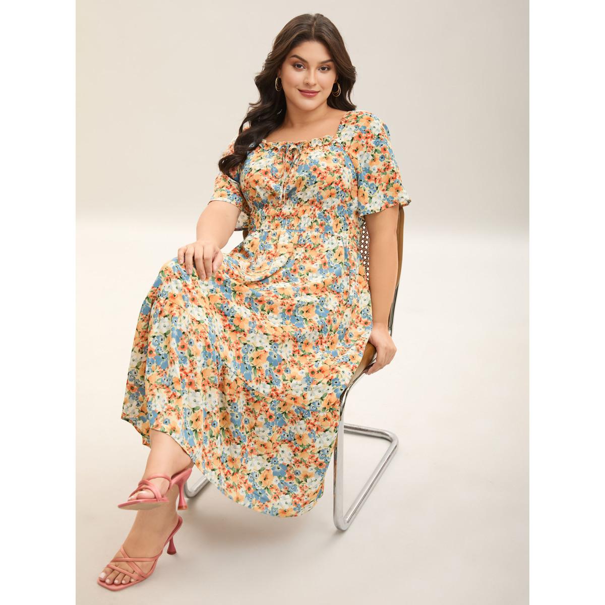 Plus Size Smocked Waist Floral Ties Tiered Maxi Dress Lightyellow Women Timeless Tie knot Square Neck Short sleeve Curvy BloomChic 10/M Product Image