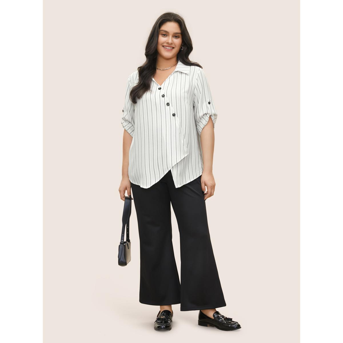 Plus Size White Striped Button Detail Asymmetrical Hem Blouse Women At the Office Elbow-length sleeve Shirt collar Work Blouses BloomChic 14-16/1X Product Image