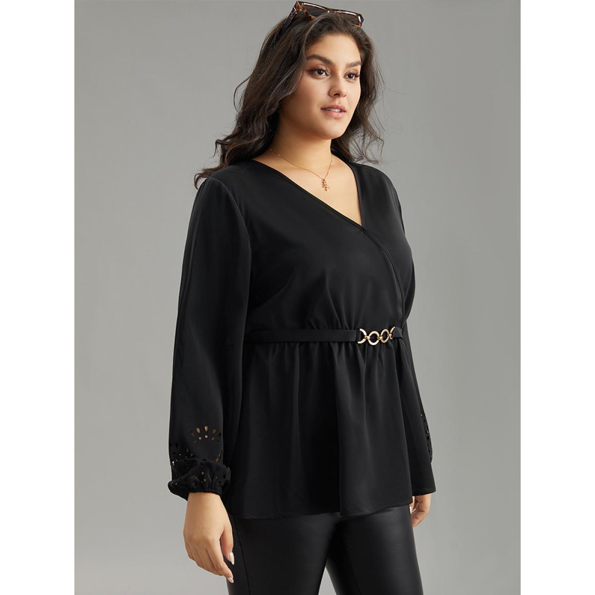 Plus Size Black Plain Elastic Waist Buckle Detail Wrap Blouse Women Office Long Sleeve V-neck Office Blouses BloomChic 14-16/1X Product Image