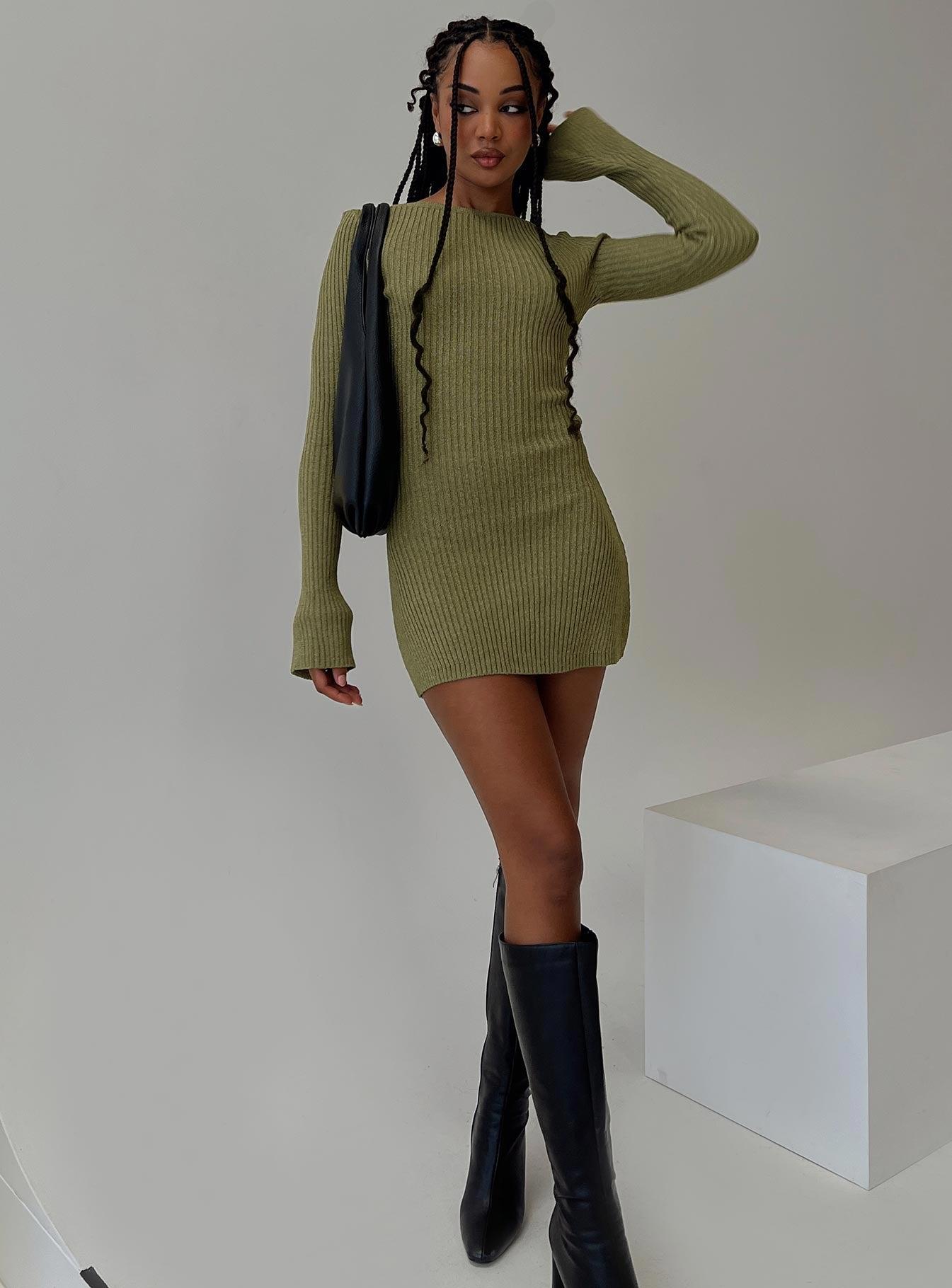 Osment Long Sleeve Knit Mini Dress Olive Product Image