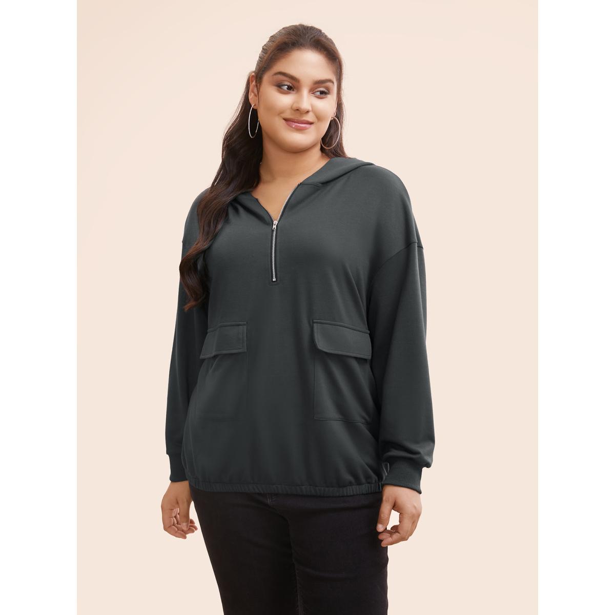 Plus Size Half Zip Hooded Pocket Sweatshirt Women DimGray Casual Patchwork Hooded Everyday Sweatshirts BloomChic 30/6X Product Image