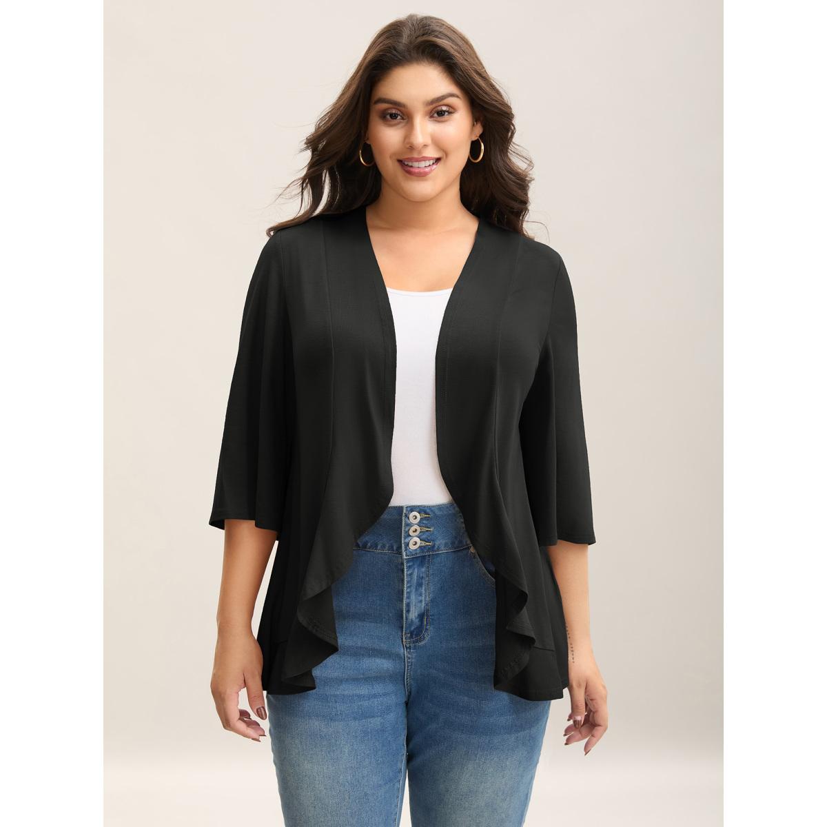 Plus Size Lotus Hem Curvy Kimono Cover-Up Women Black Leisure Ruffles Casual Kimonos BloomChic 22-24/3X Product Image