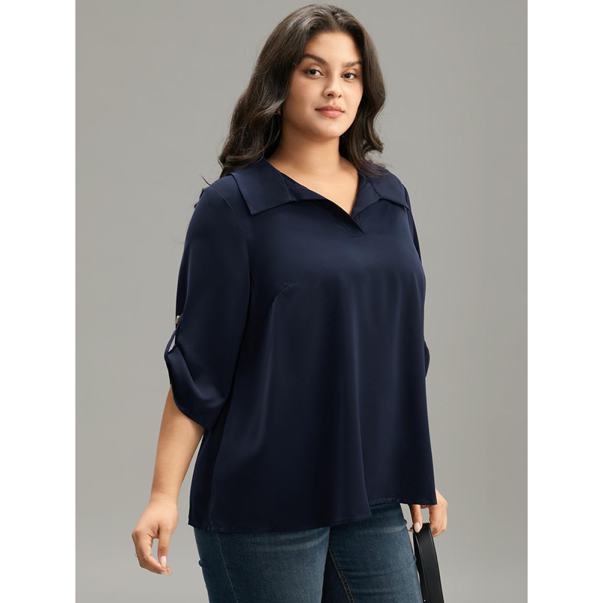 Plus Size Indigo Plain Shirt Collar Roll Tab Sleeve Blouse Women Office Elbow-length sleeve Shirt collar Work Blouses BloomChic 30/6X Product Image