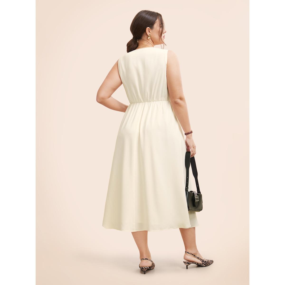 Plus Size V Neck Button Detail Sleeveless Dress Ivory Women At the Office Button V-neck Sleeveless Curvy BloomChic 30/6X Product Image
