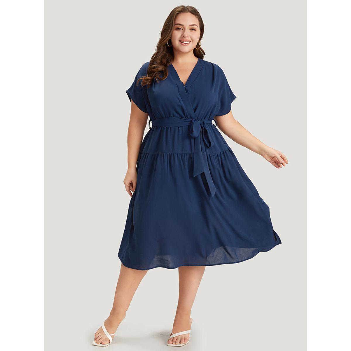 Plus Size Plain Wrap Belted Ruffles Split Hem Dress DarkBlue Women Elegant V-neck Short sleeve Curvy Midi Dress BloomChic 14-16/1X Product Image