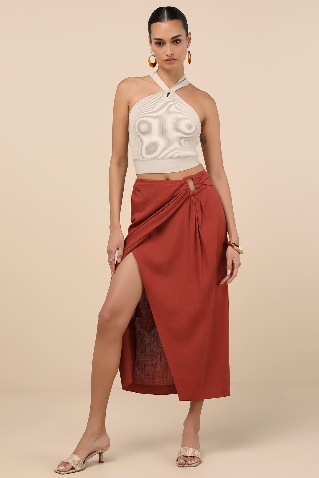 Sibilla Rust Cutout Faux-Wrap Midi Skirt Product Image