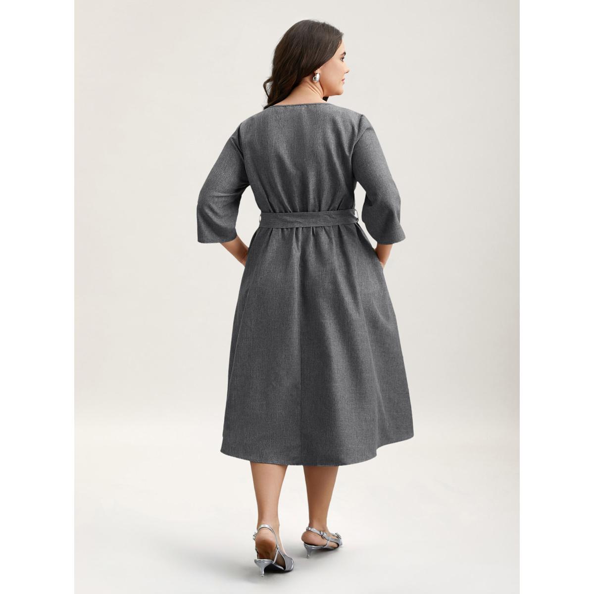 Plus Size Asymmetrical Neckline Belted Pockets Midi Dress DarkGray Women At the Office Belted Asymmetrical Neck Elbow-length sleeve Curvy BloomChic 30/6X Product Image