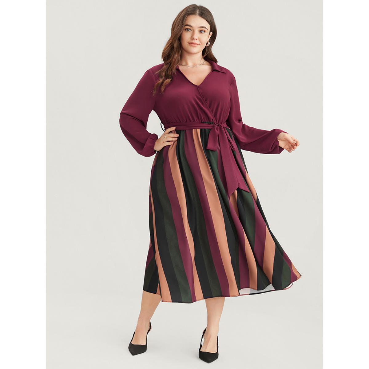 Plus Size Solid Patchwork Wrap Pocket Lantern Sleeve Belted Striped Dress Multicolor Women Office Patchwork V-neck Long Sleeve Curvy Midi Dress BloomChic 10/M Product Image