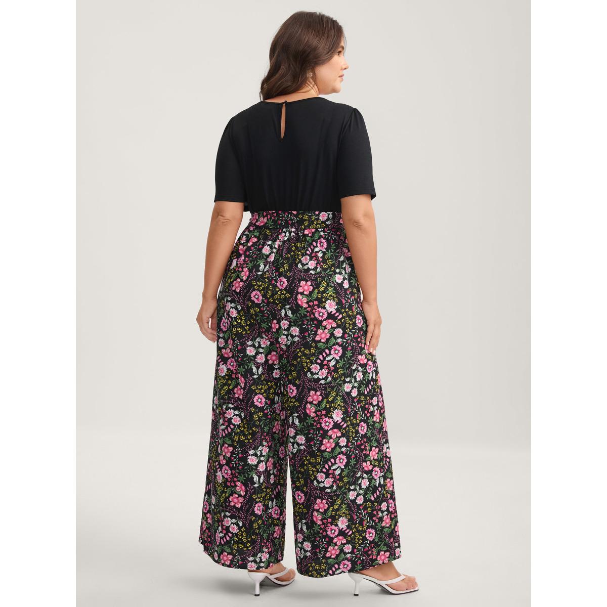 Plus Size BlackFlower Color Contrast Belted Panel Pockets Jumpsuit Women Timeless Short sleeve Square Neck Elegant Loose Jumpsuits BloomChic 18-20/2X Product Image
