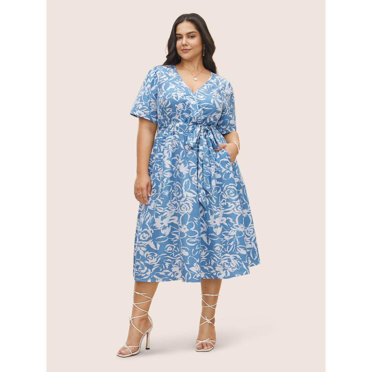 Plus Size Silhouette Floral Print Pocket Wrap Belted Dress LightBlue Women Elegant Non Overlap Collar Short sleeve Curvy Midi Dress BloomChic 18-20/2X Product Image