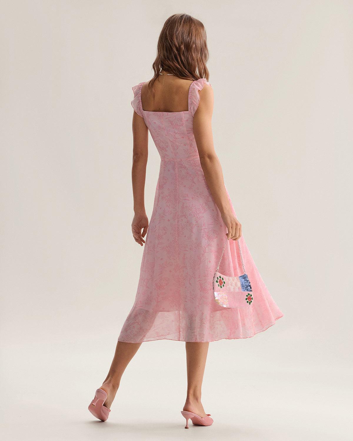 Pink Square Neck Ruffle Midi Dress Product Image