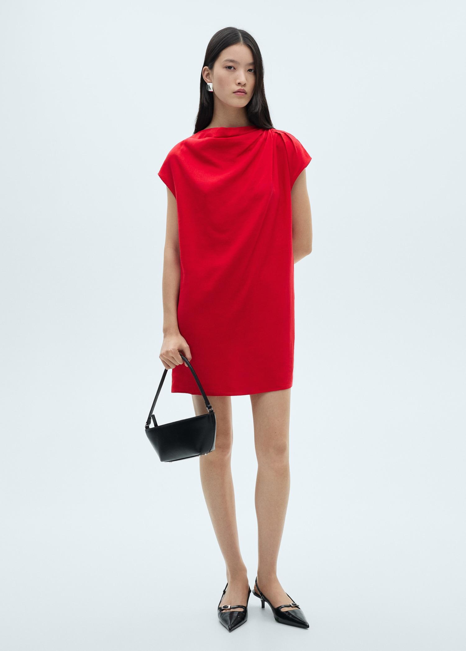 Linen dress with draped collar - Women | MANGO USA Product Image