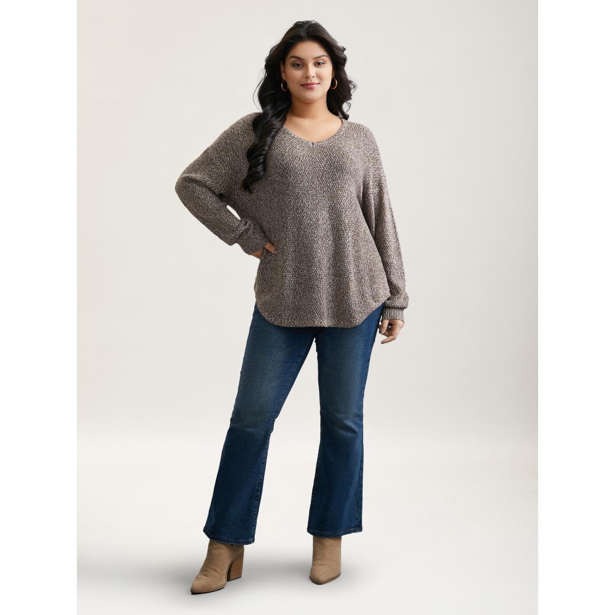 Plus Size Textured V-Neck Curved Hem Pullover DarkBrown Women Casual Loose Long Sleeve V-neck Everyday Pullovers BloomChic 14-16/1X Product Image