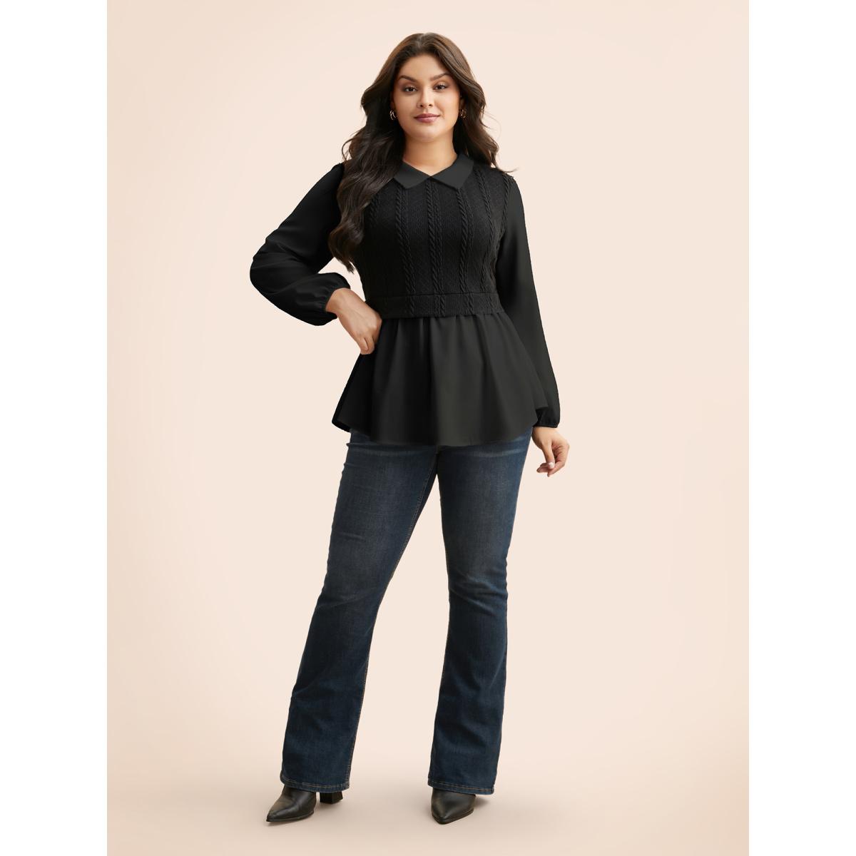 Plus Size Black Peter Pan Collar Patchwork Contrast Blouse Women Elegant Long Sleeve Peter Pan collar Everyday Blouses BloomChic 26/4X Product Image