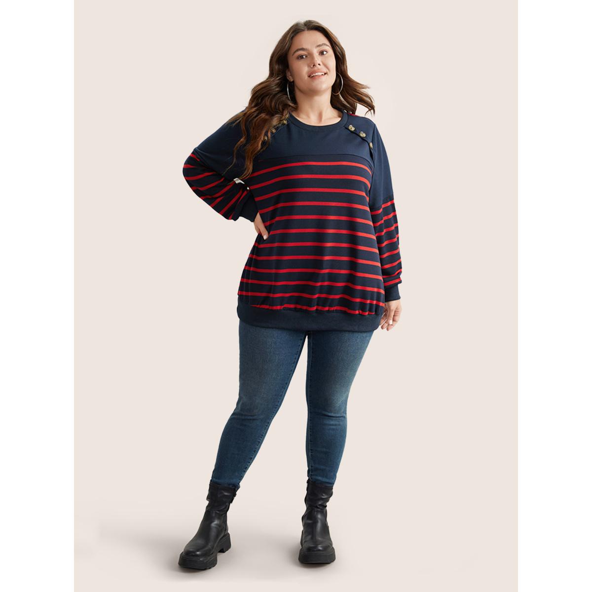 Plus Size Striped Patchwork Button Detail Sweatshirt Women Midnight Leisure Non Round Neck Casual Sweatshirts BloomChic 10/M Product Image