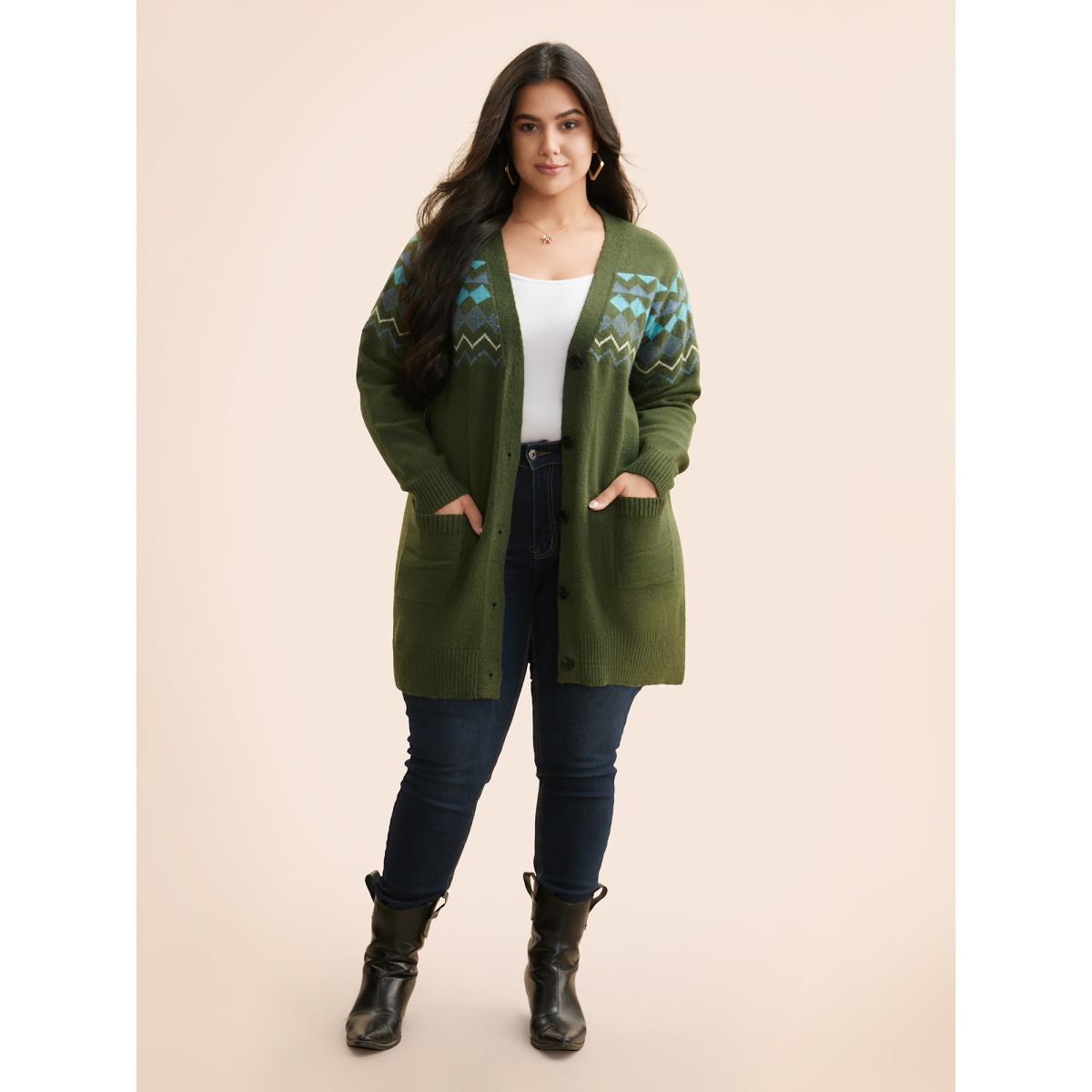 Plus Size Bandana Geometric Patch Pocket Cardigan Moss Women Casual Loose Long Sleeve Everyday Cardigans BloomChic 10/M Product Image