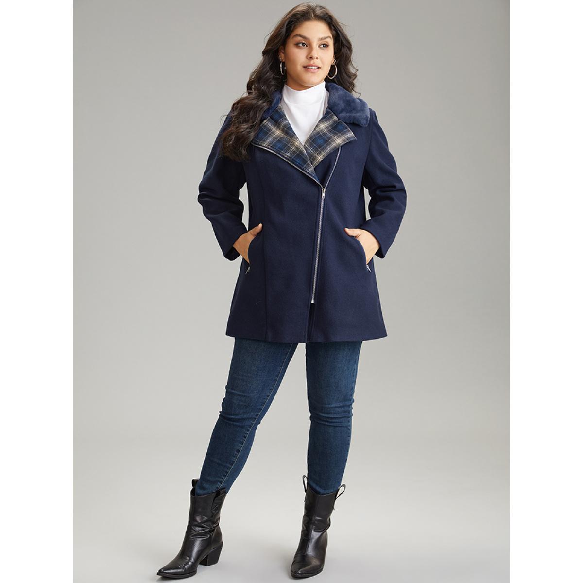Plus Size Plaid Asymmetrical Lapel Collar Patchwork Fuzzy Trim Coat Women Indigo Casual Lined Ladies Dailywear Winter Coats BloomChic 14-16/1X Product Image