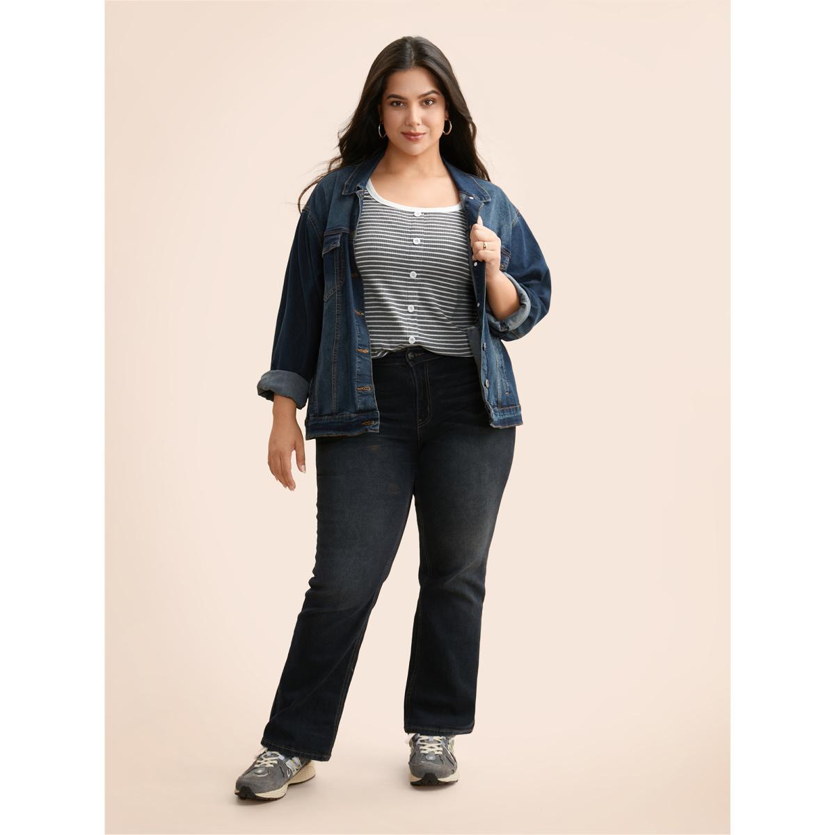 Plus Size U Neck Striped Button Detail T-shirt DimGray Women Casual Texture U-neck Everyday T-shirts BloomChic 12/L Product Image