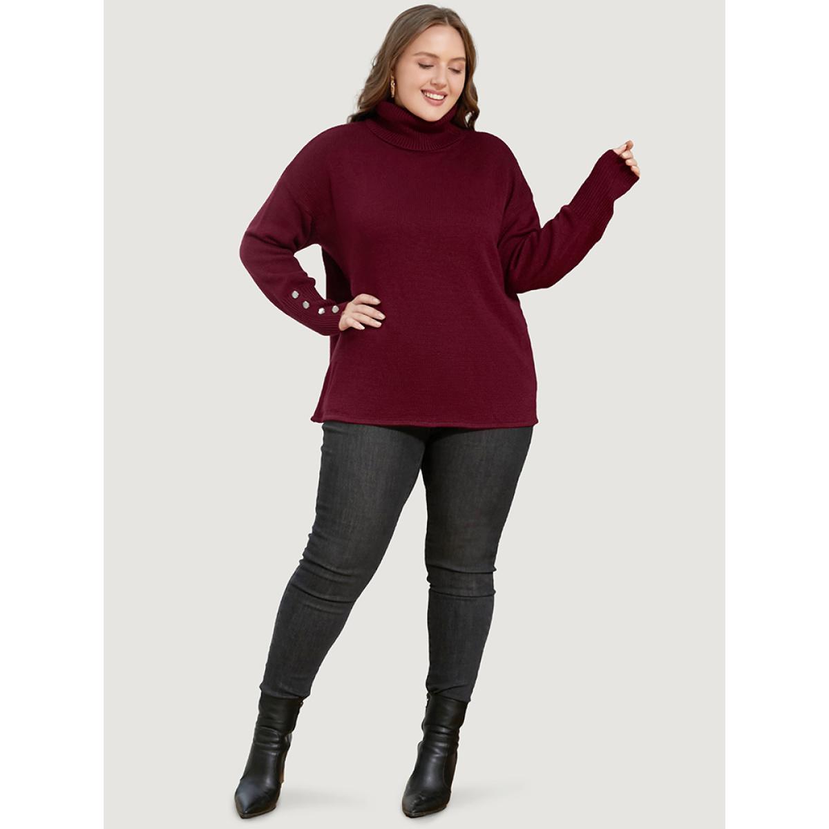 Plus Size Solid Pointelle Knit Button Detail Funnel Neck Knit Top Scarlet Women Casual Loose Long Sleeve Turtleneck Dailywear Pullovers BloomChic 12/L Product Image