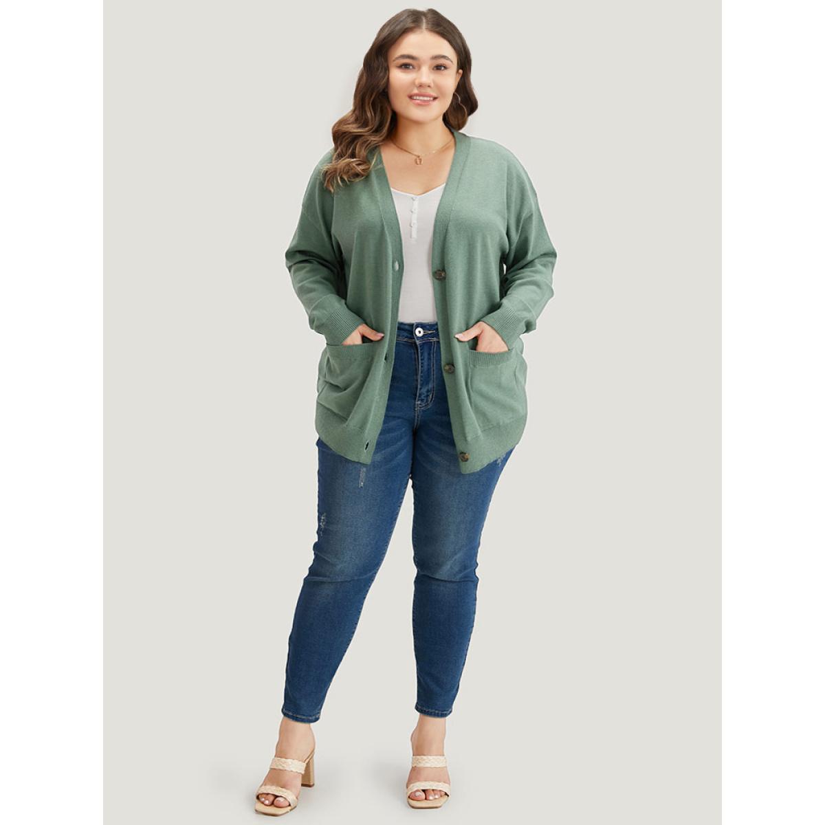 Plus Size Supersoft Essentials Patched Pocket Drop Shoulder Cardigan Green Women Casual Loose Long Sleeve Dailywear Cardigans BloomChic 12/L Product Image
