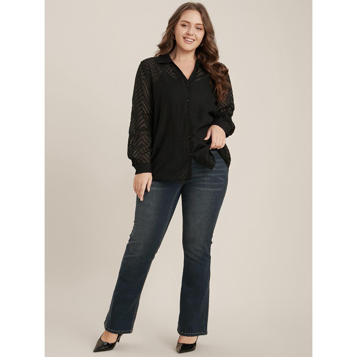 Plus Size Black Geometric Mesh Button Up Textured Blouse With Cami Top Women Office Long Sleeve Shirt collar Work Blouses BloomChic 12/L Product Image