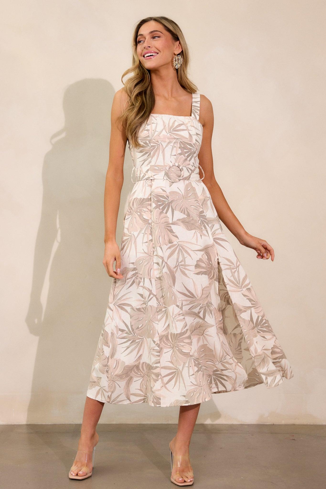 As You Know Tan Tropical Print Belted Maxi Dress Product Image