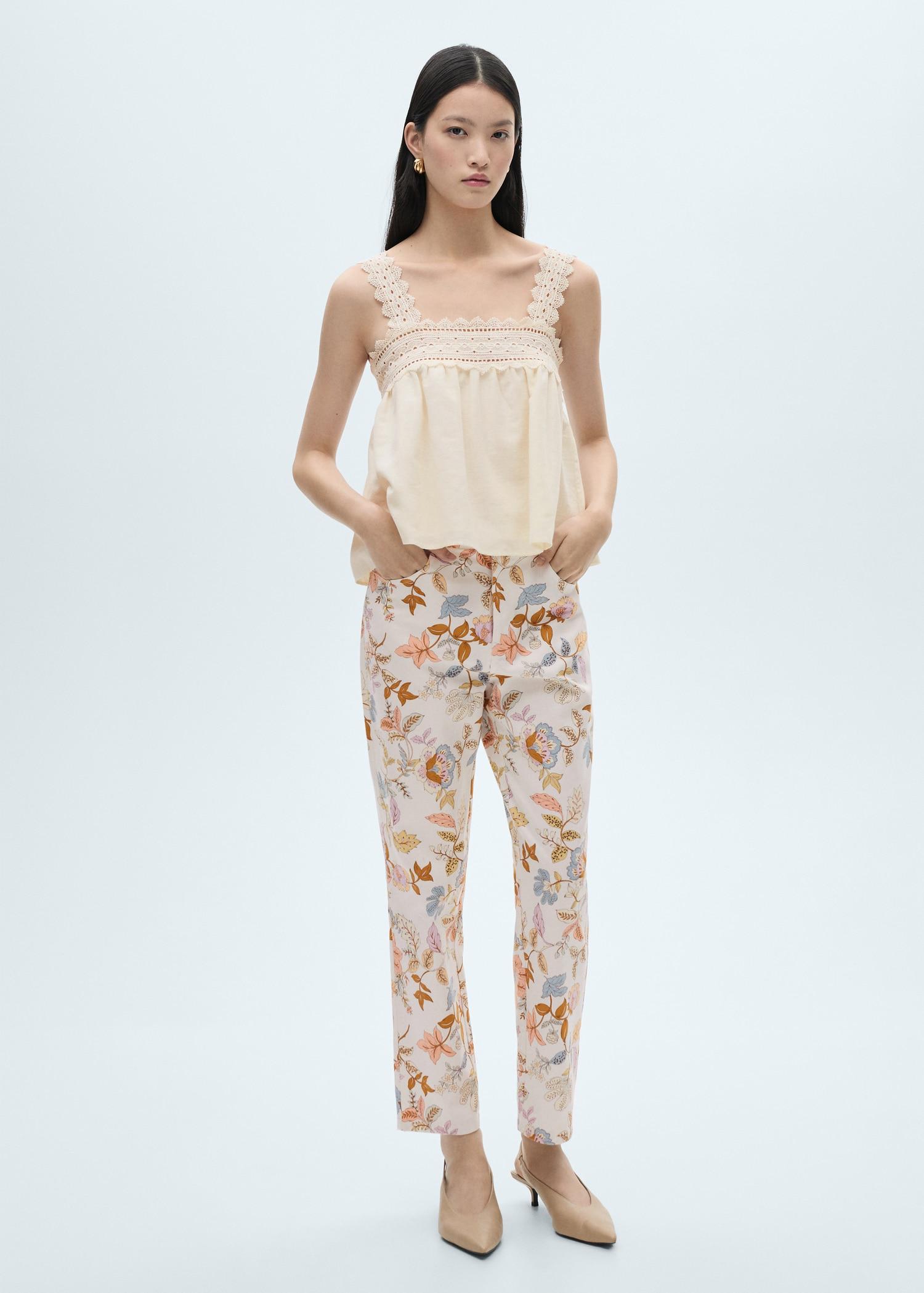 Linen-blend top with openwork detail - Women | MANGO USA Product Image