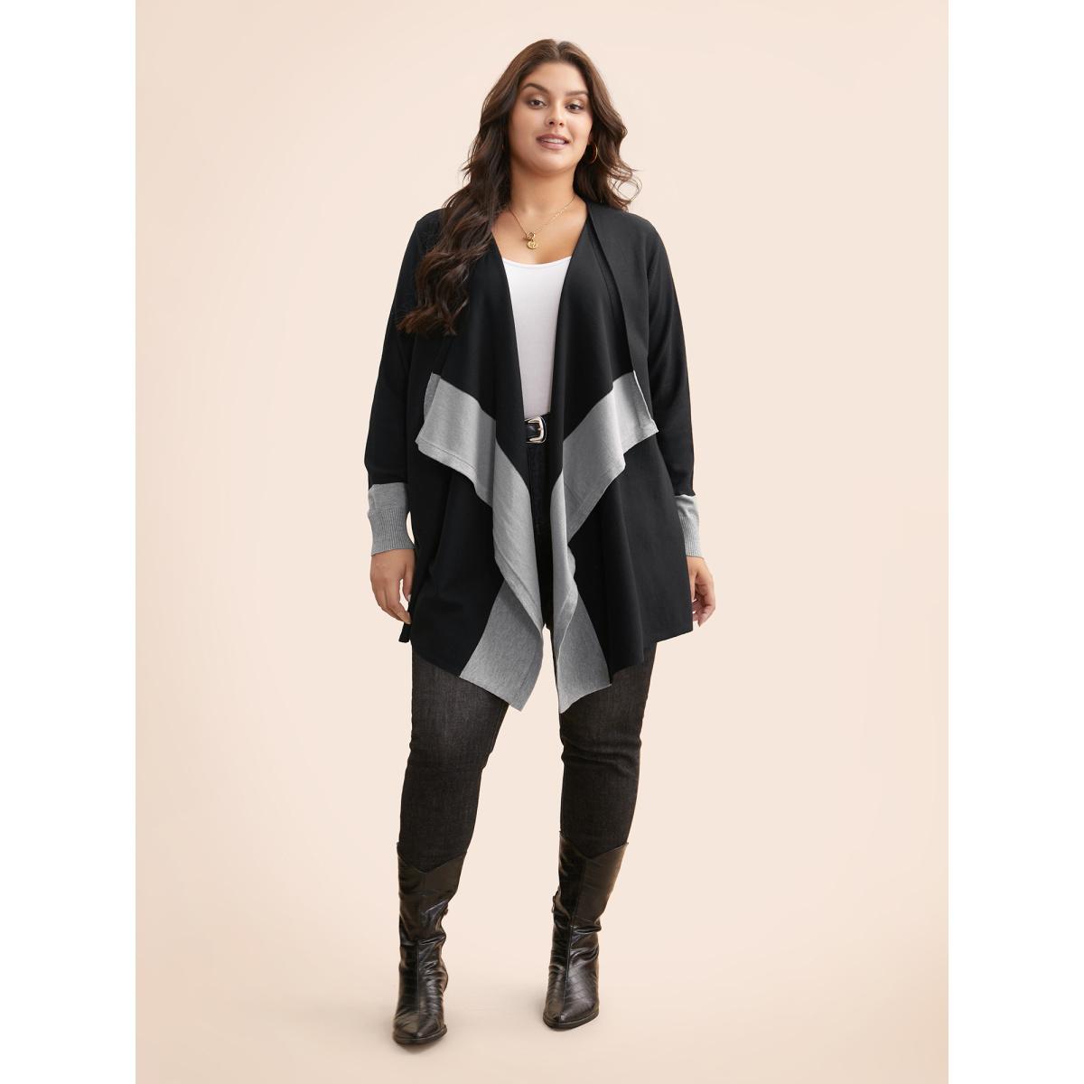 Plus Size Contrast Kimono Collar Asymmetrical Hem Cardigan Black Women Casual Loose Long Sleeve Everyday Cardigans BloomChic 30/6X Product Image