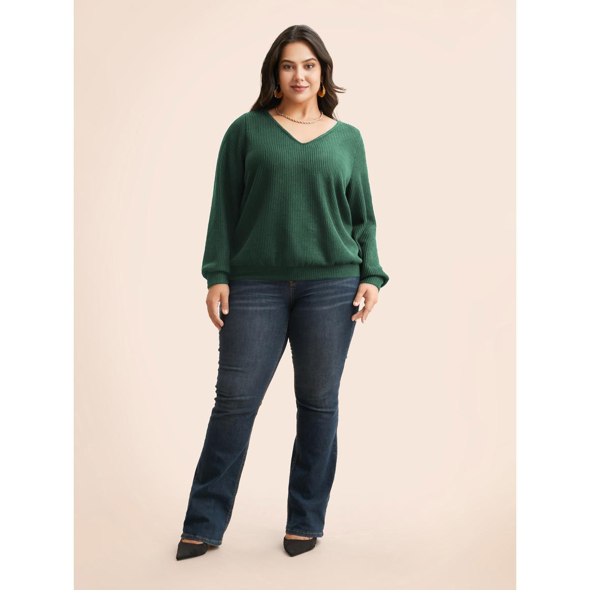 Plus Size Textured Contrast Tie Knot Sweatshirt Women Burgundy Elegant Tie knot V-neck Everyday Sweatshirts BloomChic 26/4X Product Image