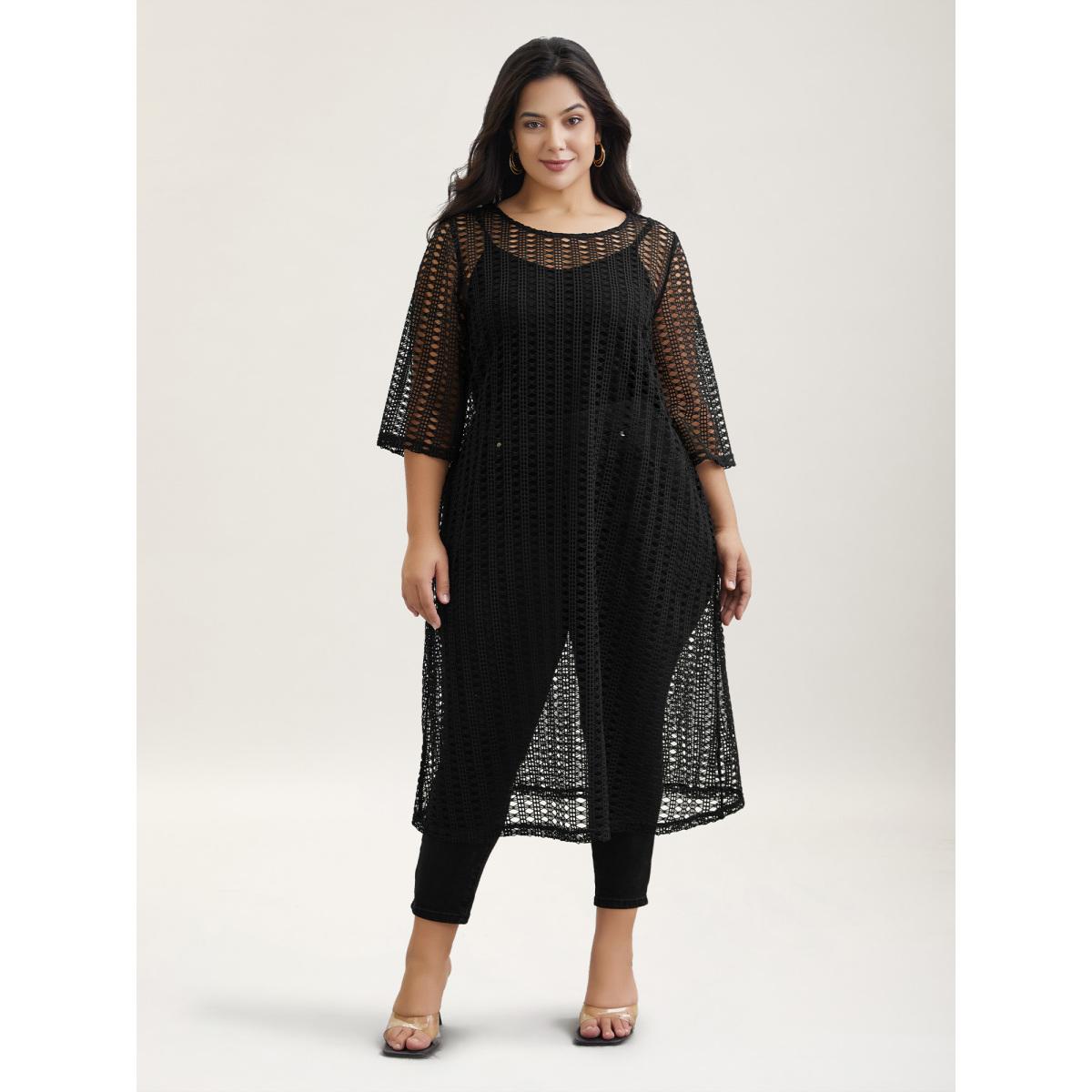 Plus Size Textured Sheer Round Neck Midi Dress Black Women Casual Cut-Out Knit Dresses Bloomchic 18-20/2X Product Image