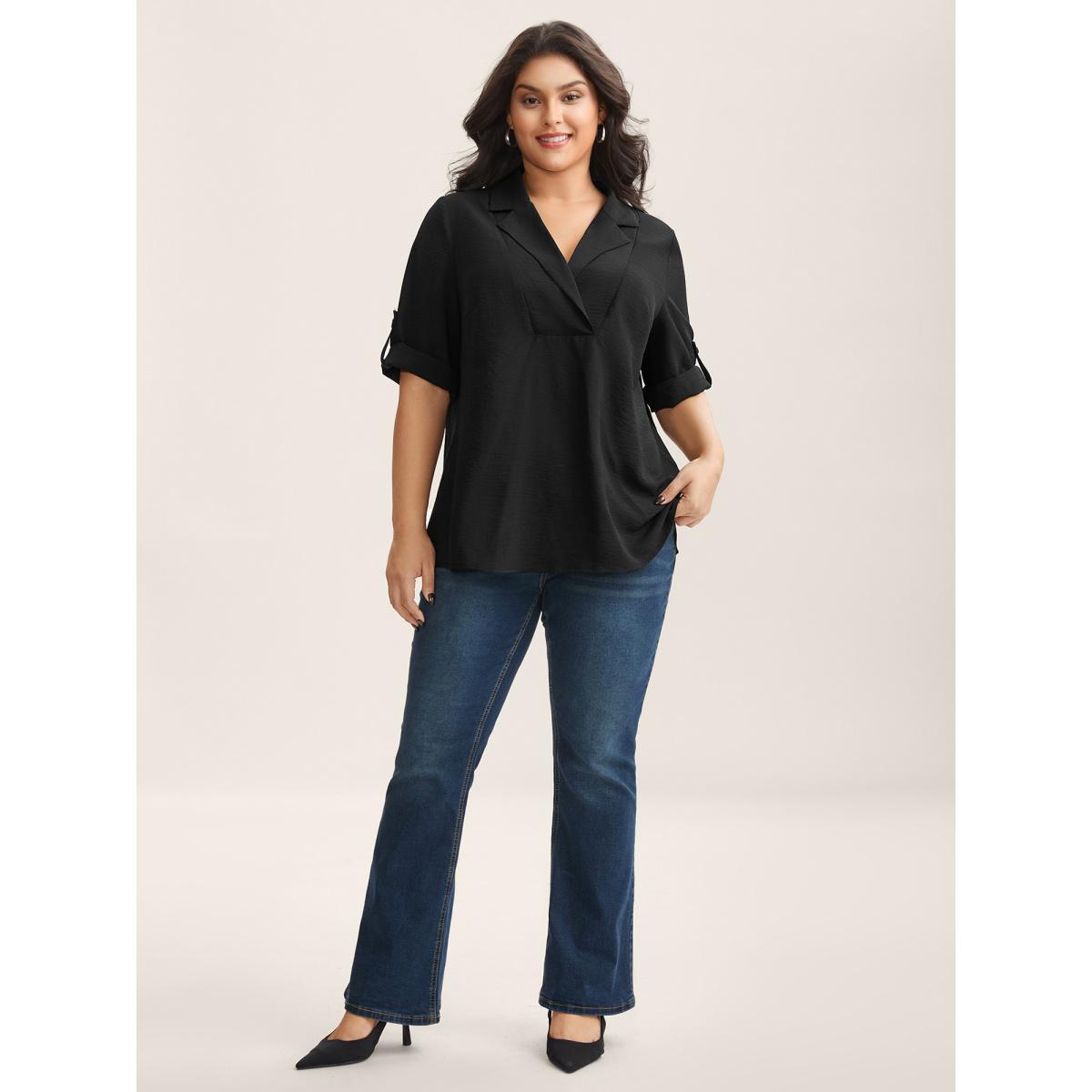 Plus Size Black Tab Sleeve Blazer Collar Blouse Women Office Elbow-length sleeve Lapel Collar Office Blouses BloomChic 10/M Product Image