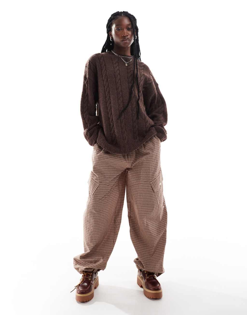 COLLUSION oversized crew neck cable knit sweater in brown  Product Image