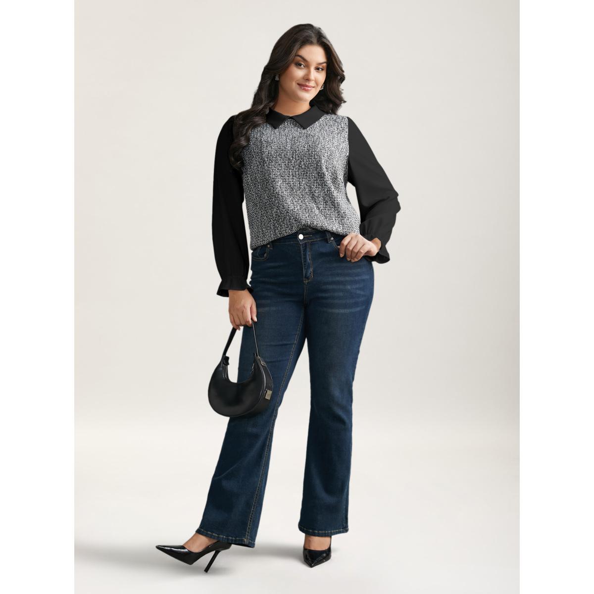 Plus Size Multicolor Tweed Patchwork Lantern Sleeve Blouse Women At the Office Long Sleeve Shirt collar Work Blouses BloomChic 30/6X Product Image