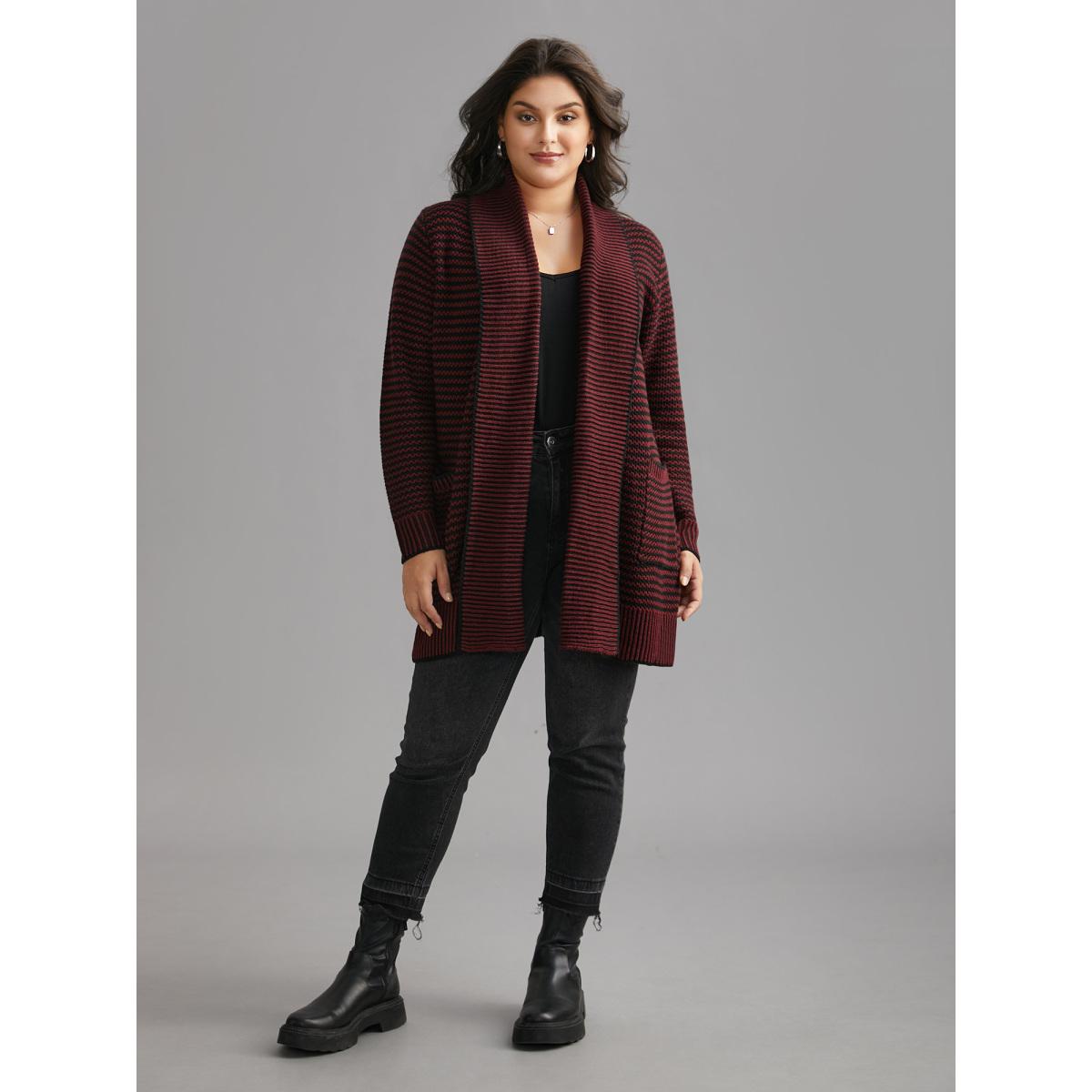 Plus Size Collared Pockets Open-Front Long Cardigan Deepred Women Casual Loose Long Sleeve Everyday Cardigans BloomChic 12/L Product Image