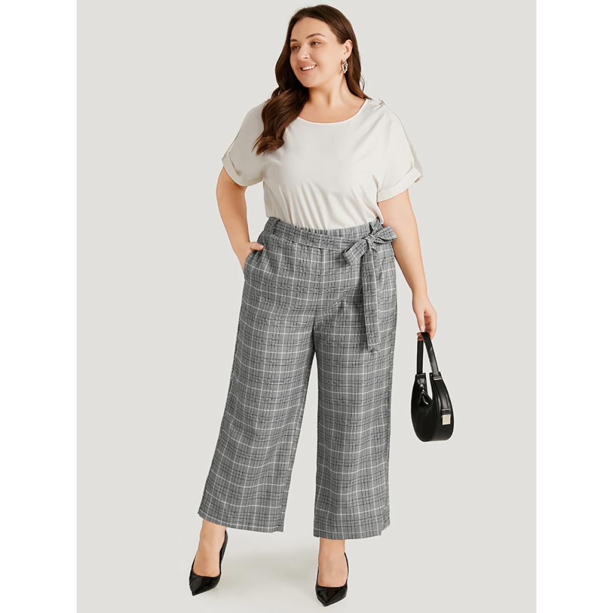 Plus Size Gingham Pocket Belted Wide leg Pants Women Black Office Straight Leg High Rise Office Pants BloomChic 30/6X Product Image