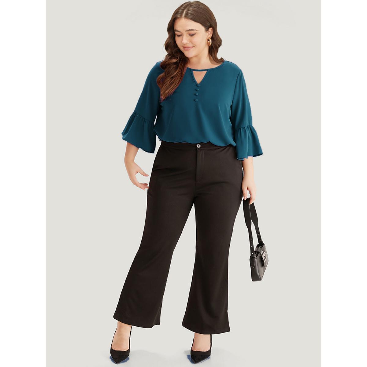 Plus Size Cyan Plain Keyhole Bell Sleeve Button Detail Blouse Women Office Elbow-length sleeve V-neck Office Blouses BloomChic 14-16/1X Product Image