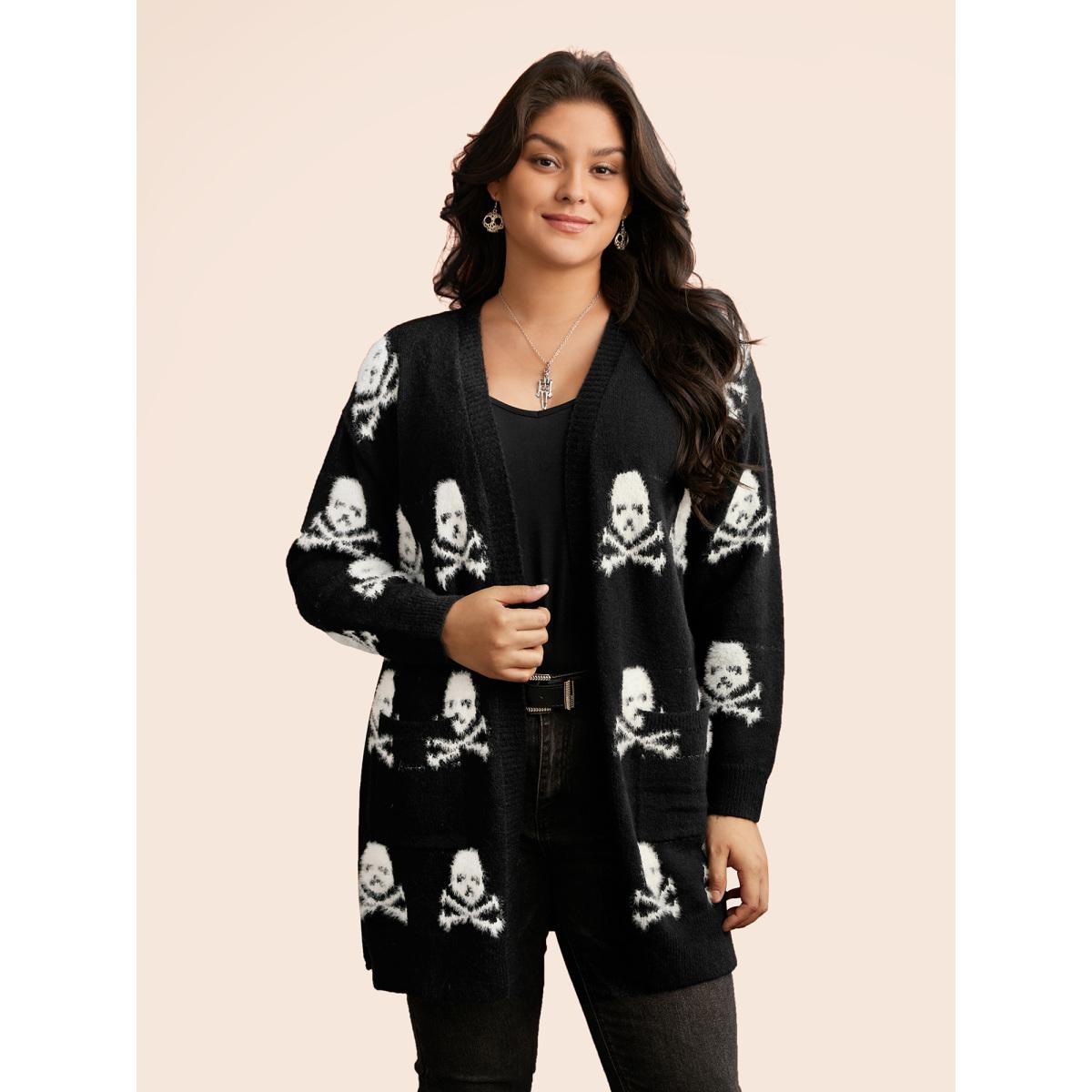 Plus Size Skull Pattern Plus Jacquard Open Cardigan Black Women Casual Loose Long Sleeve Everyday Cardigans BloomChic 18-20/2X Product Image