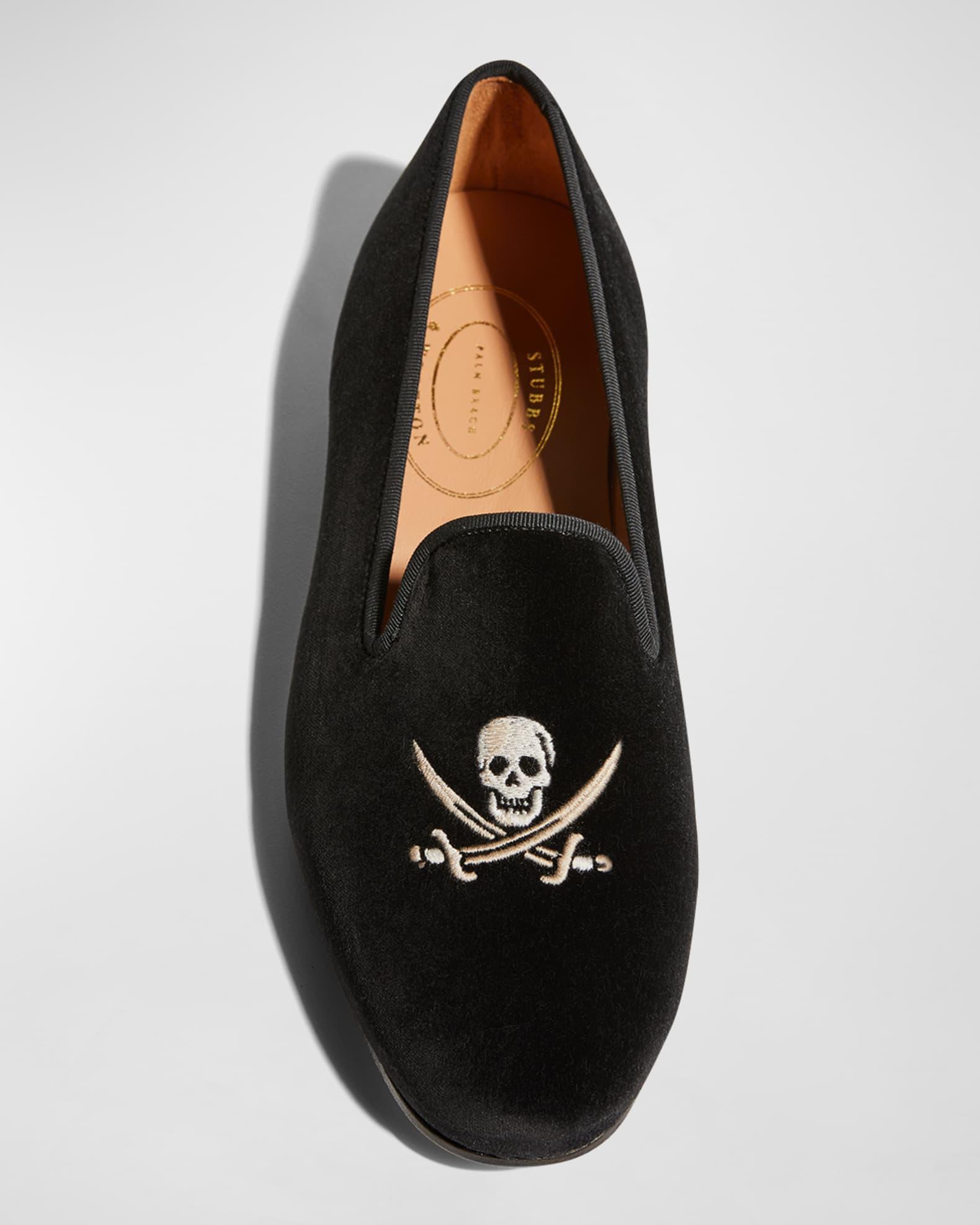 Men's Jolly Roger Skull Embroidered Velvet Smoking Slippers Product Image