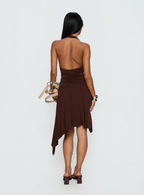 Moonlit Honey Asymmetrical Halter Jersey Midi Dress Chocolate Product Image
