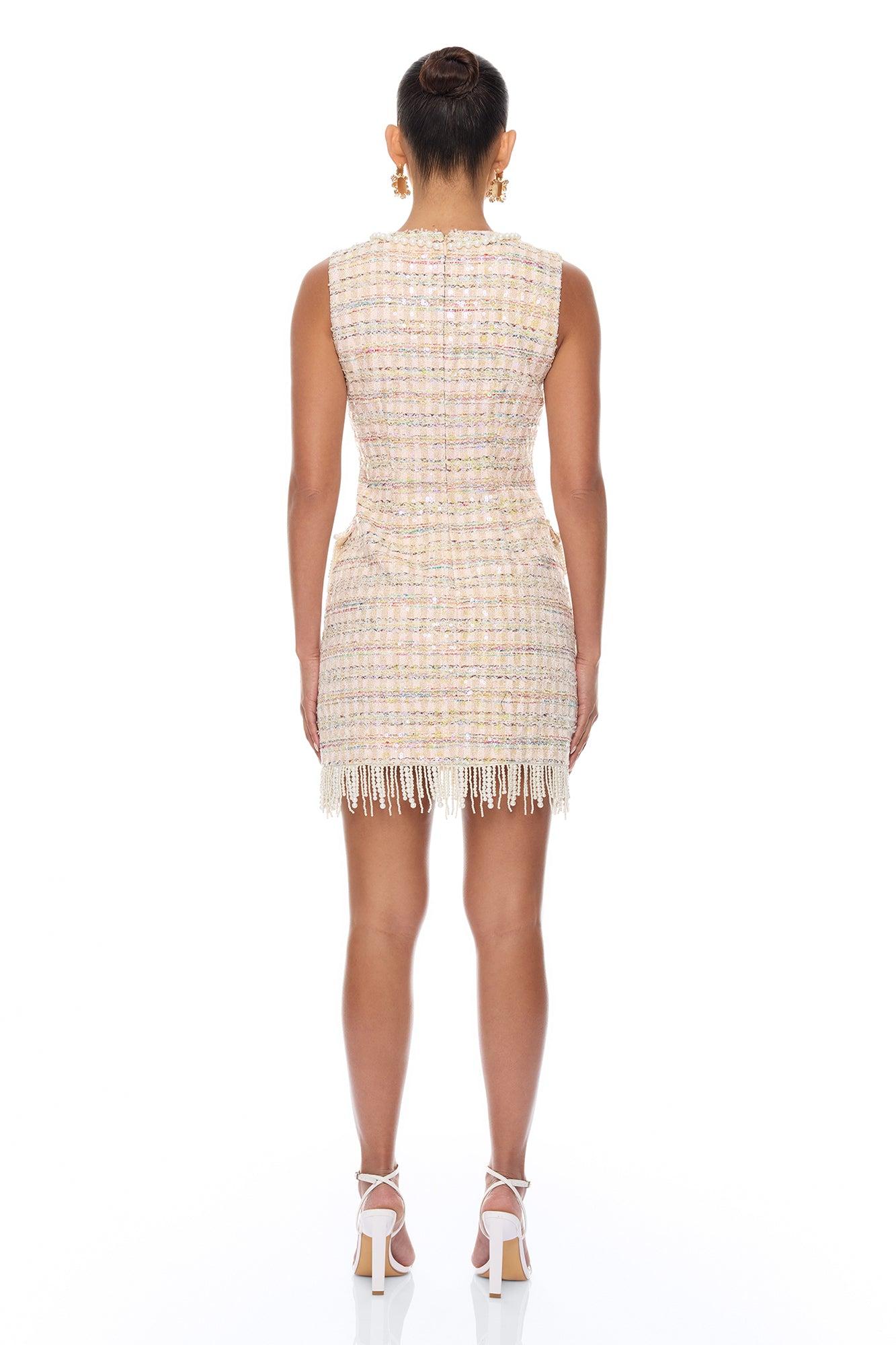 Tiffani Pearl Fringe Tweed Mini Dress - Pink/combo Female Product Image
