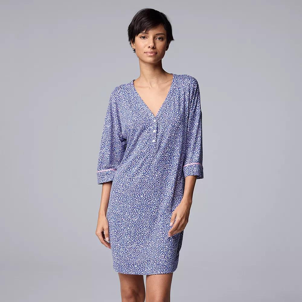 Women's Simply Vera Vera Wang Cozy Elbow Sleeve Henley Sleepshirt, Size: XL, Blue Hearts Product Image