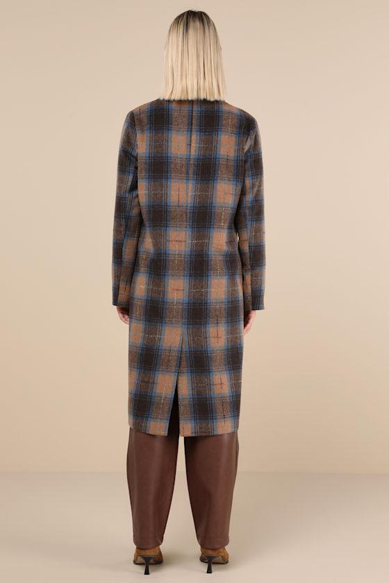 Posh Weather Brown and Blue Plaid Collared Peacoat Product Image