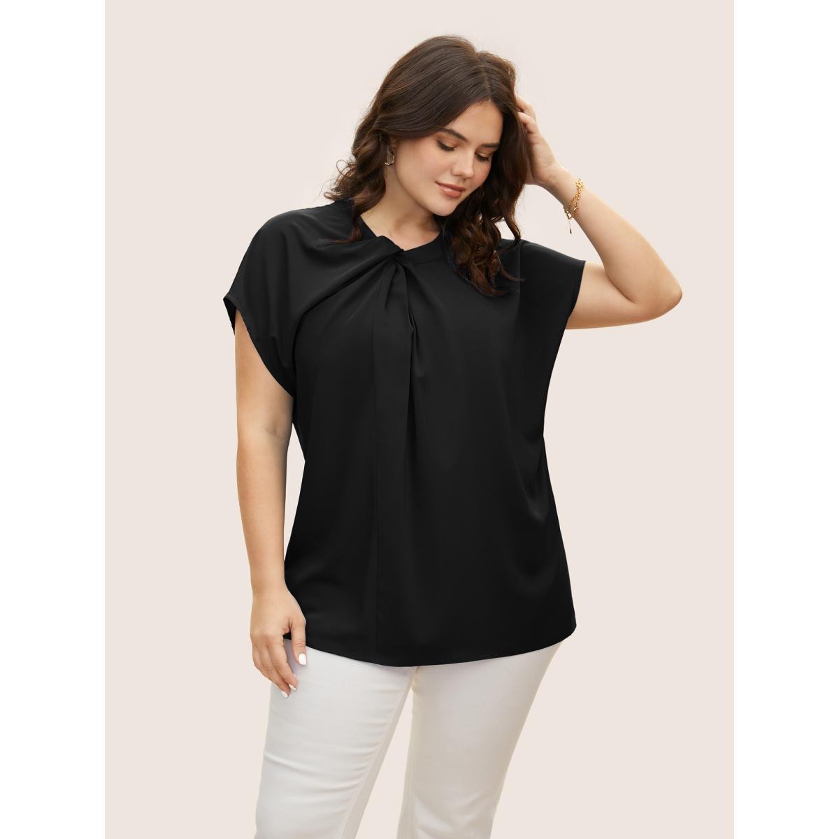 Plus Size Mediumblue Twist Front Pleated Dolman Sleeve Blouse Women At the Office Short sleeve Mock Neck Work Blouses BloomChic 26/4X Product Image