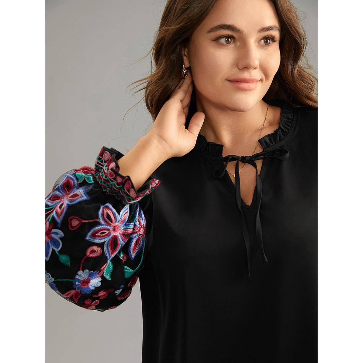 Plus Size Black Floral Embroidered Mesh Tie Neck Ruffles Blouse Women Elegant Long Sleeve Tie Neck Party Blouses BloomChic 10/M Product Image