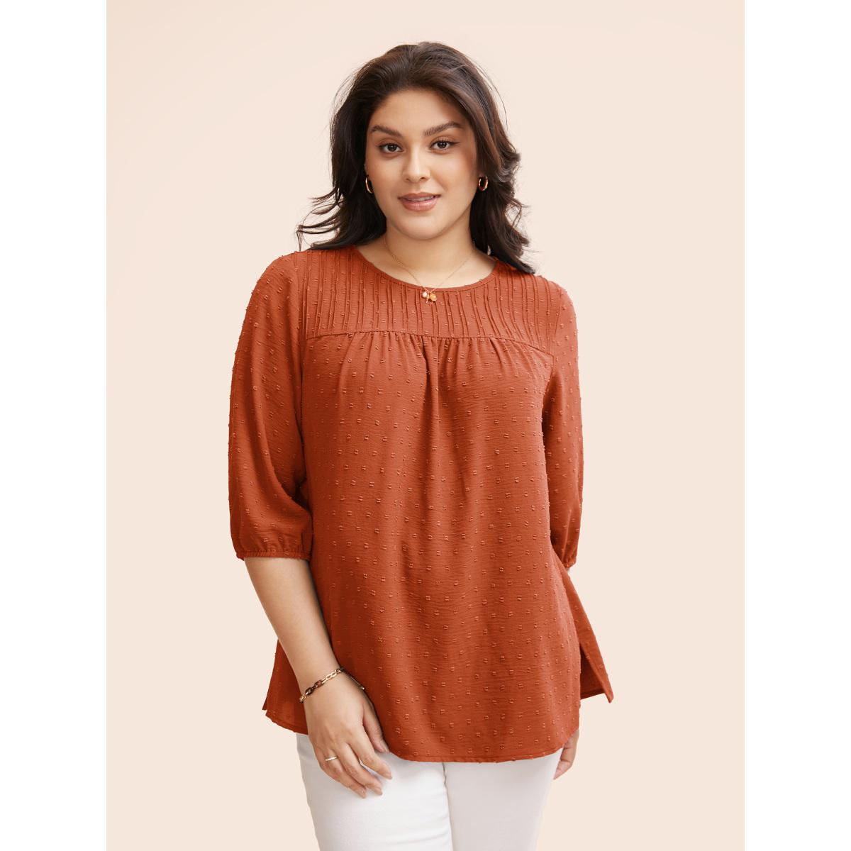 Plus Size Rust Texture Round Neck Pleated Lantern Sleeve Blouse Women Elegant Elbow-length sleeve Round Neck Everyday Blouses BloomChic 14-16/1X Product Image