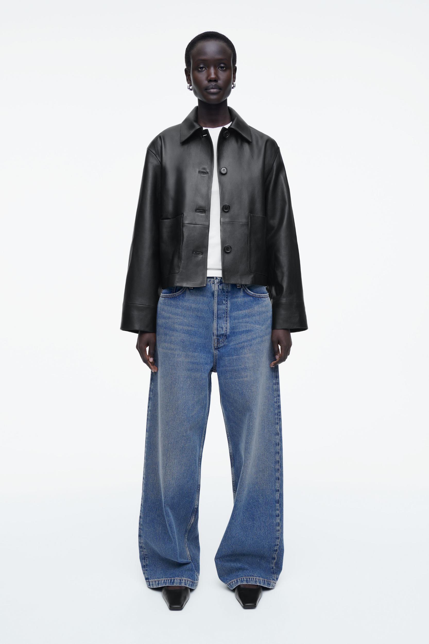 BOXY COLLARED LEATHER JACKET Product Image