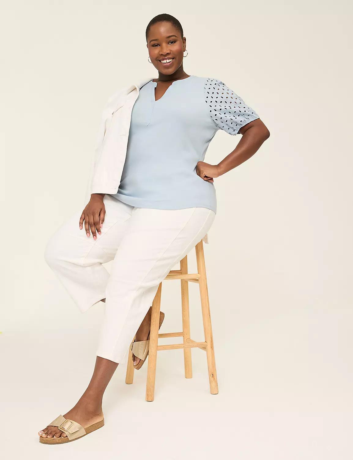 Eyelet-Sleeve Notch-Neck Rib Top Product Image