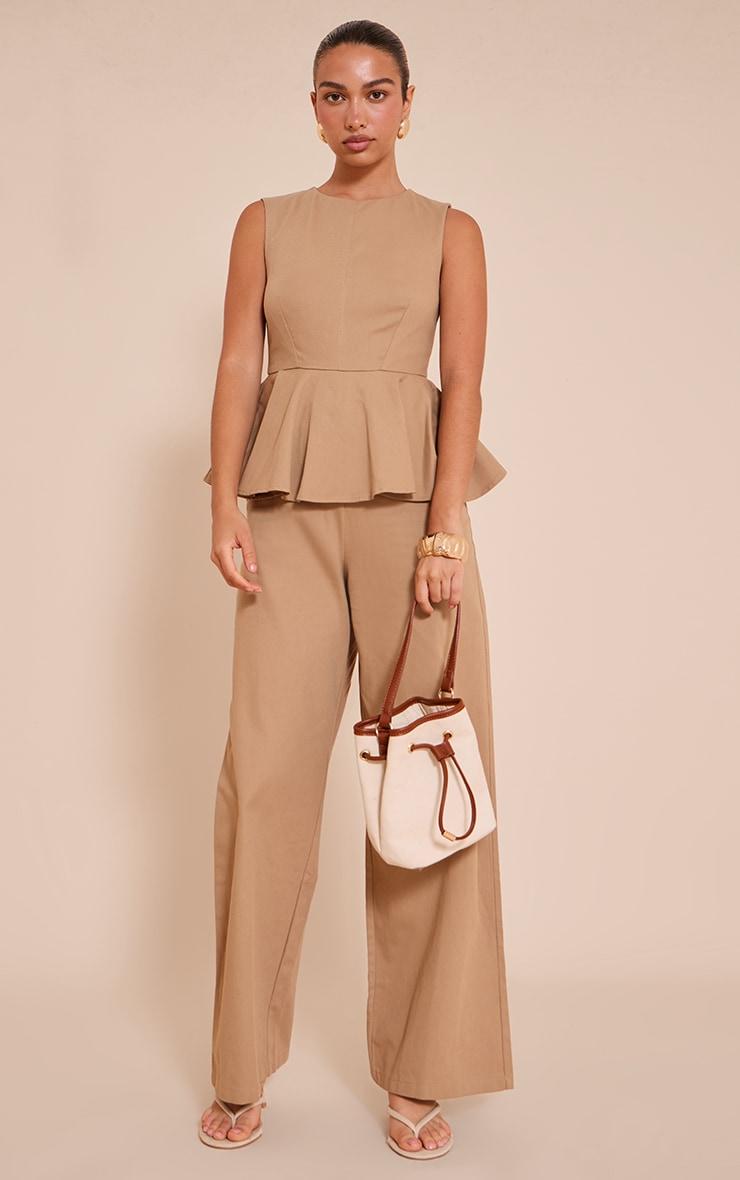 Mocha Cotton Peplum Detail Wide Leg Jumpsuit Product Image